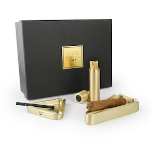 Coho Box Lux Brazen Brass Special Zigarrenaschenbecher, Zigarrenständer & Streichholzschachtel-Geschenkset