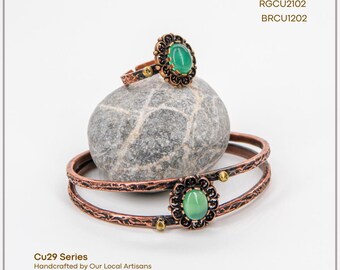 Conjunto de pulsera y anillo de cobre puro de Capadocia, piedra natural de ágata — Hecho a mano, ajustable, presentado en caja de regalo / acycraft