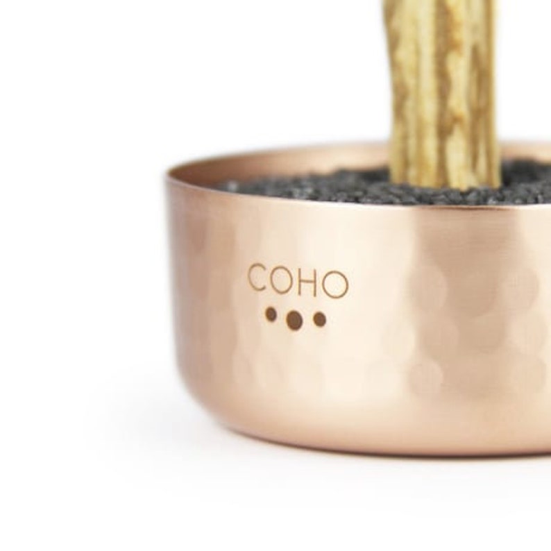 May include: A close-up of a copper-coloured planter with a hammered finish. The planter has a black label with the word "COHO" printed on it. There are three small holes in the bottom of the planter.