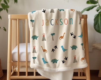 Baby Boy Personalized Baby Name Blanket, baby coming home outfit, Boy Name Blanket, Customized Sherpa Baby Blanket, Dinosaur Blanket