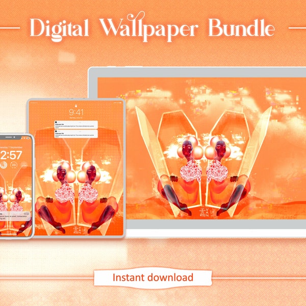Folk Art digital wallpaper | mobile desktop tablet screensaver original Russian inspired painting bright orange Twin Sisters