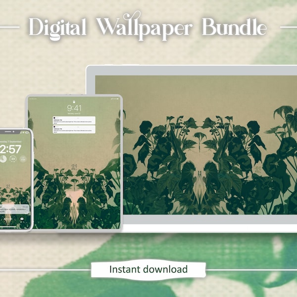 Botanical digital wallpaper | green forest screensaver mobile iphone desktop tablet device printable original wall art illustration