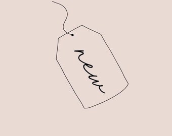 Op de afbeelding: Een eenvoudige lijntekening van een label met het woord "nieuw" erop.