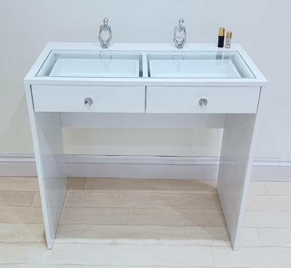 modern white gloss dressing table Souza 5-Drawer Makeup Vanity Table With LED Mirror