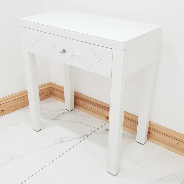 Dressing Table WHITE GLASS Table Entrance Hall Mirrored Vanity Beauty Space Saving Table Professional Grade Console Desk GB