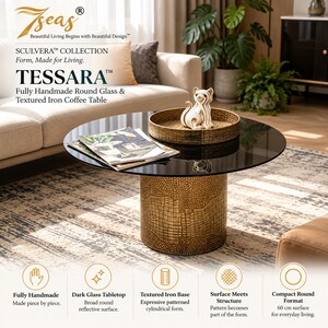 Handmade Round Glass Coffee Table, Textured Patterned Metal Base, 60cm | 7seas® SCULVERA™ TESSARA™