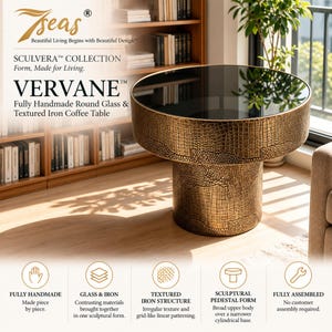 Handmade Round Glass & Textured Metal Coffee Table, Sculptural Pedestal, Fully Assembled | 7seas® SCULVERA™ VERVANE™