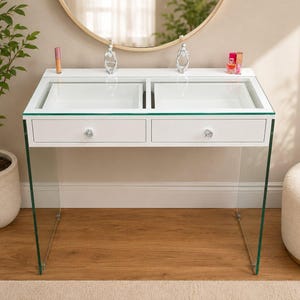 High-Gloss White Handmade Vanity Station: Clear Glass Top, Crystal Knobs