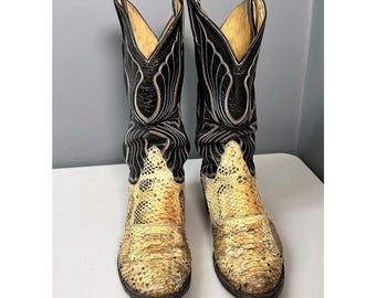 Bota vaquera vintage Tony Lama de piel de serpiente color canela y cuero negro, talla 4, EE. UU.