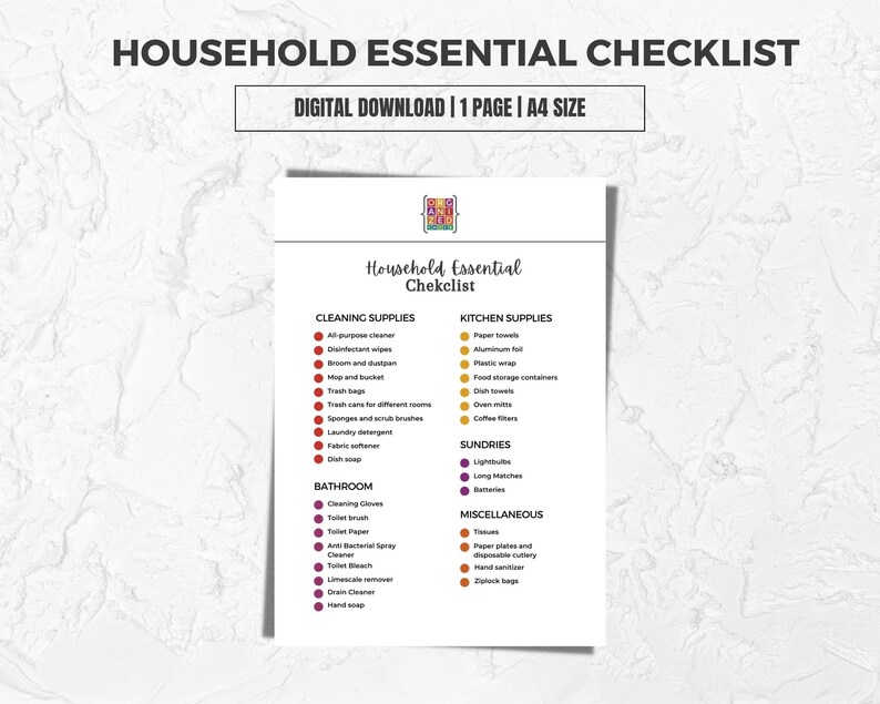 Printable Household Essential Checklist | Home Organization Checklist ...