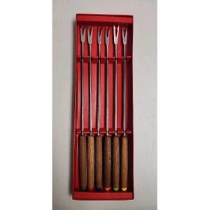 Set di 6 forchette da fonduta in acciaio inossidabile Vtg Otagiri Japan con manici in teak di metà secolo