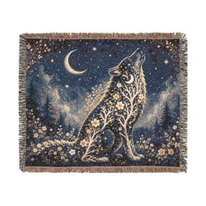 Celestial Wolf Floral Cotton Blanket, Mystical Moon Forest Tapestry, Boho Wall Hanging
