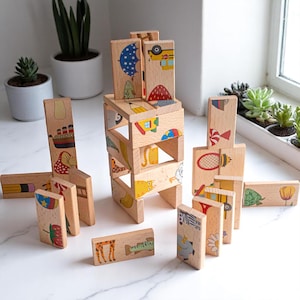 Animal Picture Dominoes - Wooden Domino Puzzle - Brain Development Toddler Toys - Boy Girl gift, Toddler Gift 2 3 4  years old, kids toys