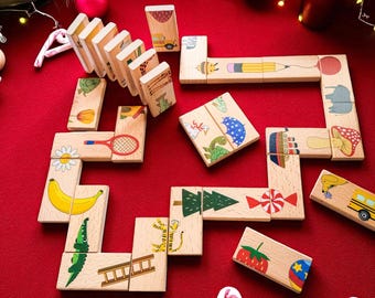 Christmas Toddler Gift – Personalized Wooden Picture Dominoes, Custom Name Bag, Montessori Toy for Ages 3+, Stocking Stuffer