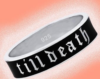 Anello a fascia in smalto nero "Till Death" da 6 mm di larghezza, anello di nozze per anniversario, anello di promessa, fascia impilabile personalizzata, regalo per lei/lui, argento 925