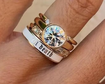 4mm Wide Til Death WHITE Enamel Band Ring, Anniversary Wedding Ring, Promise Ring, Personalized Stacking Band, Gift for Her/Him, 925 Silver