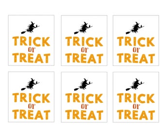 May include: Six white square cards with the words "TRICK OR TREAT" in orange block letters. A black silhouette of a witch on a broom is above the text, perfect for Halloween.