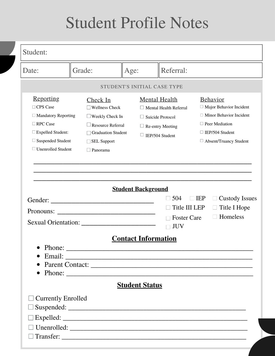 Student Background Notes - Etsy