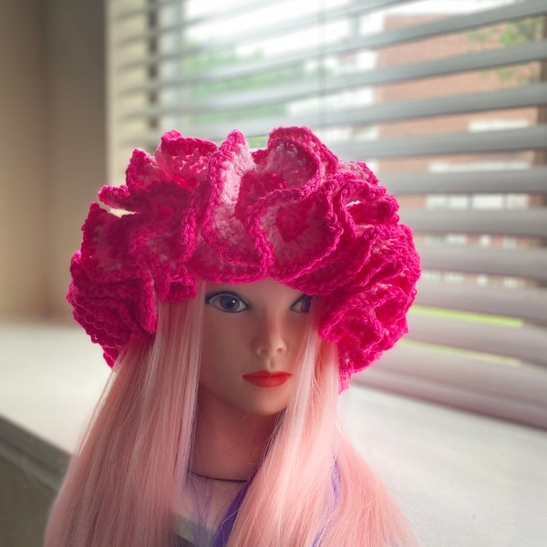 Handmade Crochet Mixed Pinks Ruffle Cable Bucket Hat