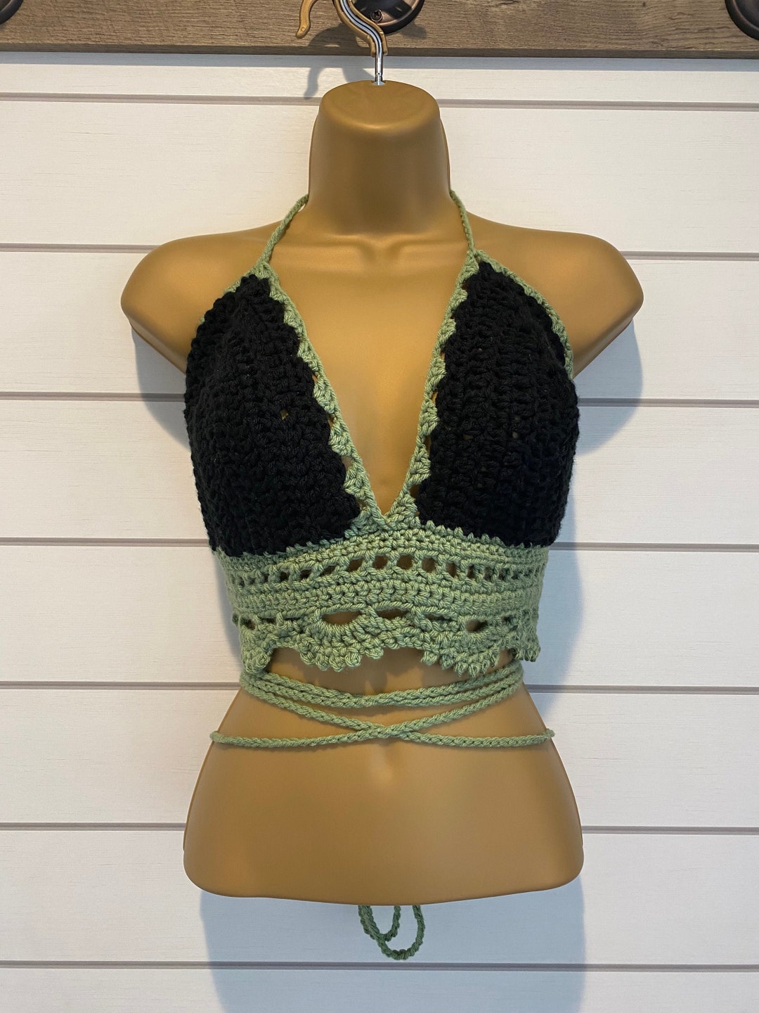 Black & Green Bikini Crop Halter Crop Top Etsy