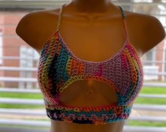 Handmade Scarp yarn Crochet Peak a Boo Rainbow Cage Mesh Distress Halter Crop top