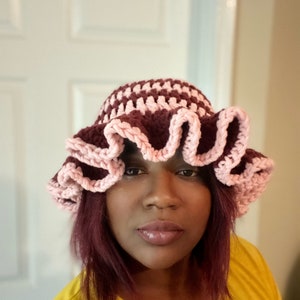 Pink & Burgundy Plush Handmade Crochet Ruffle bucket hat