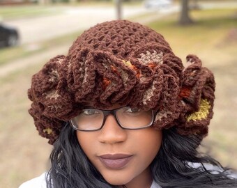 Multi Color Ruffle Cable Bucket Hat Neutral /Fall Colors Winter Crochet Hat Handmade