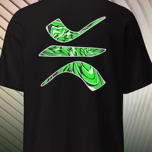 May include: A black short-sleeved t-shirt featuring a graphic design on the back. The design consists of three separate abstract shapes with a swirling, marbled pattern in vibrant shades of neon green, black, and white, arranged vertically.