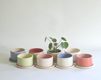 Handmade Color Block Pottery Planter with Tray • Three-Toned Ceramic Drainage Pot