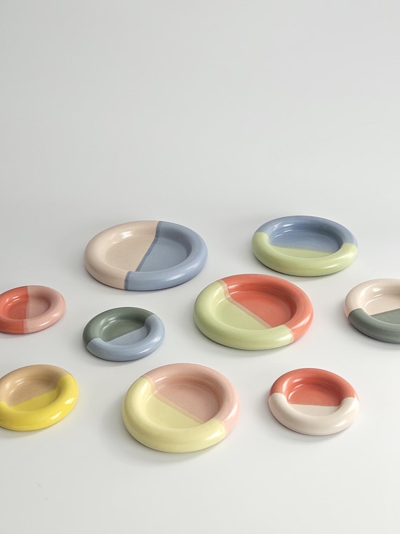 Handmade Color Block Ceramic Donut Dish: Half & Half Chunky Bubble Plate, Ring and Jewelry Holder