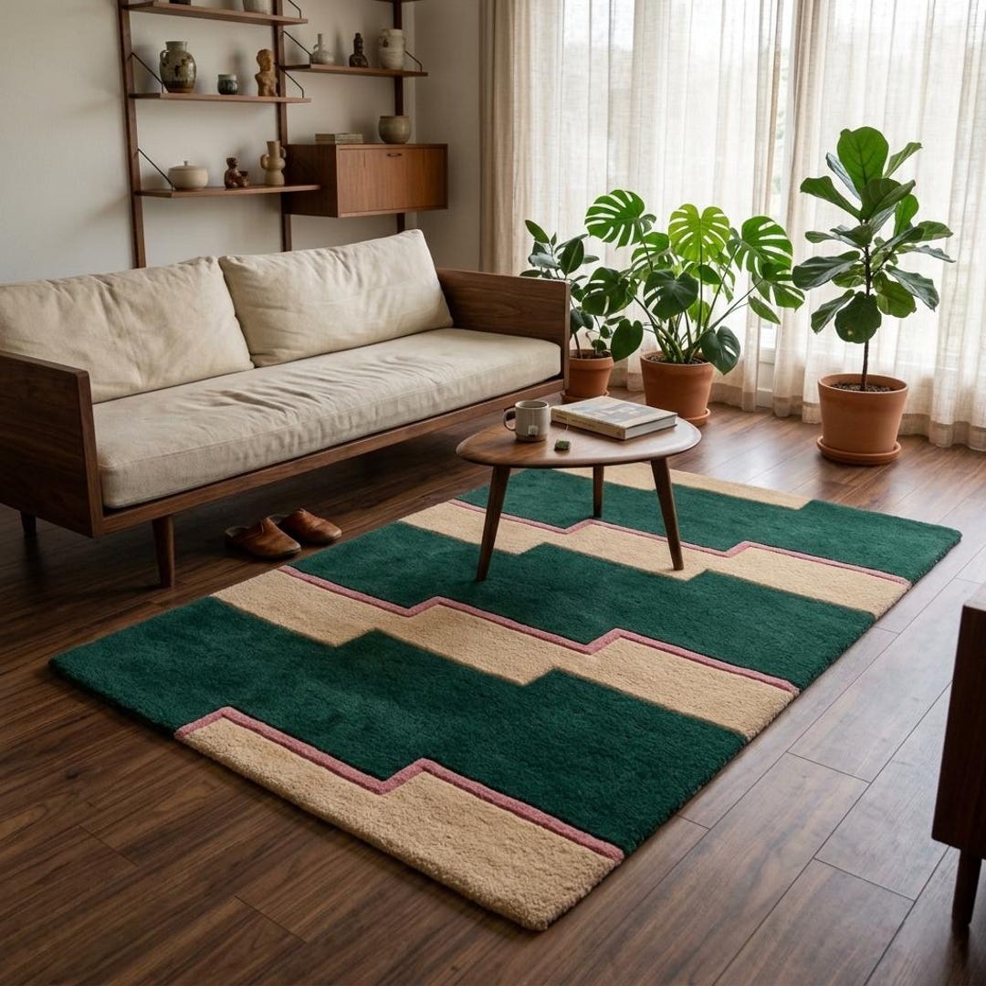 Hand Tufted New Zealand Wool Rug - Green Geometric Mid Century Modern ...