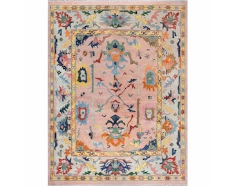 Pink Oushak Rug 8x10 – Handwoven Turkish Wool Carpet, Vintage Floral Oriental Design, Luxury Area Rug for Living Room & Bedroom