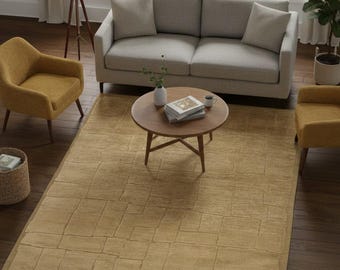 8x10 Sand Beige Modern Wool Rug – Handwoven Blockscape Texture | Luxury Neutral Carpet for Designer Homes | Minimal Warm Holiday Home Decor