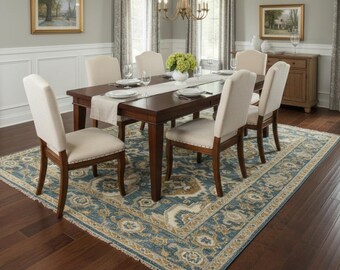 200x300 Blauer Oushak Teppich - Handgewebter Wollteppich | Türkisch Vintage-Look | Neutrale Wohnkultur für Wohnzimmer Schlafzimmer Esszimmer Eingangsbereich