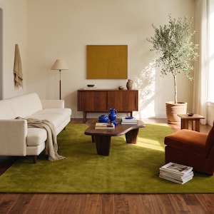 Milano Green Wool Area Rug, Solid Olive Hand-Tufted Carpet, Mid-Century Modern Living Room Accent, Minimalist Rectangular Rug, Custom Sizing