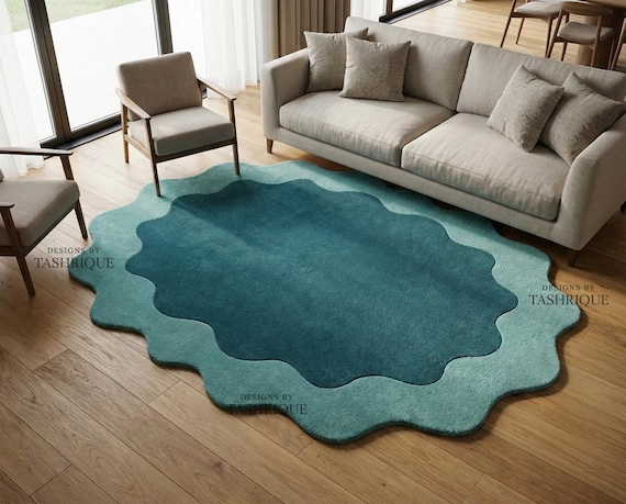 5x8 Teal Area Rug | Hand Tufted New Zealand Wool | Modern Contemporary Sculpted Oval Irregular Design for Living Room Bedroom | Custom Sizes