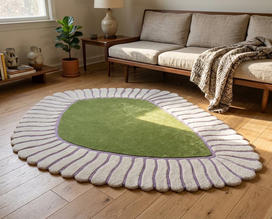 Hand Tufted New Zealand Wool Rug - Green Organic Shape Mid Century ...