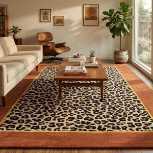 May include: A rectangular area rug featuring a central panel with a black and tan leopard print pattern, bordered by a thin yellow line and a wide, solid burnt orange frame that extends to the edges of the floor covering.