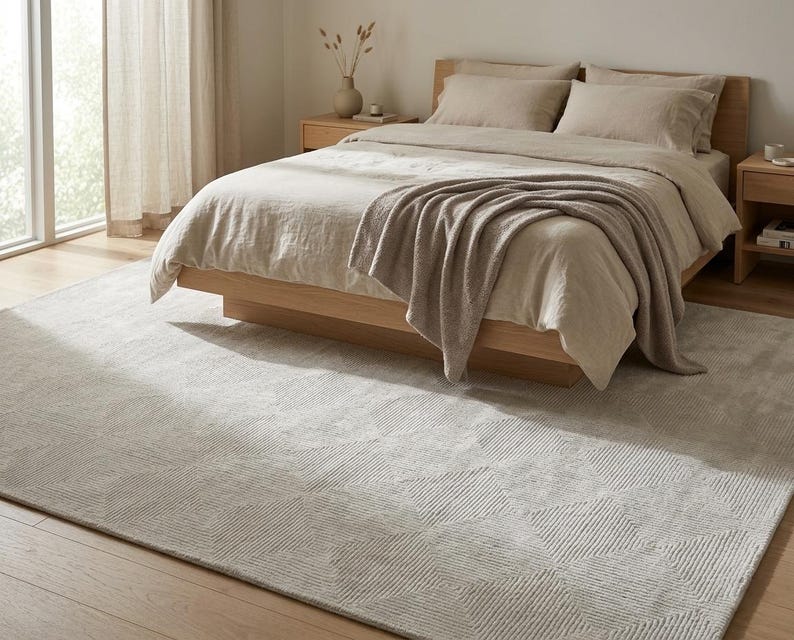 Handwoven Silky Nylon Rug – Ivory Geometric Diamond Neutral Area Carpet ...