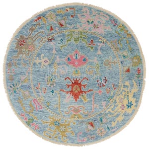 Handwoven 6x6 Round Oushak Rug – Blue & Teal Floral Design, Premium New Zealand Wool, Turkish Knot, Vintage-Inspired Carpet, In More Sizes