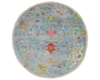 Handwoven 6x6 Round Oushak Rug – Blue & Teal Floral Design, Premium New Zealand Wool, Turkish Knot, Vintage-Inspired Carpet, In More Sizes