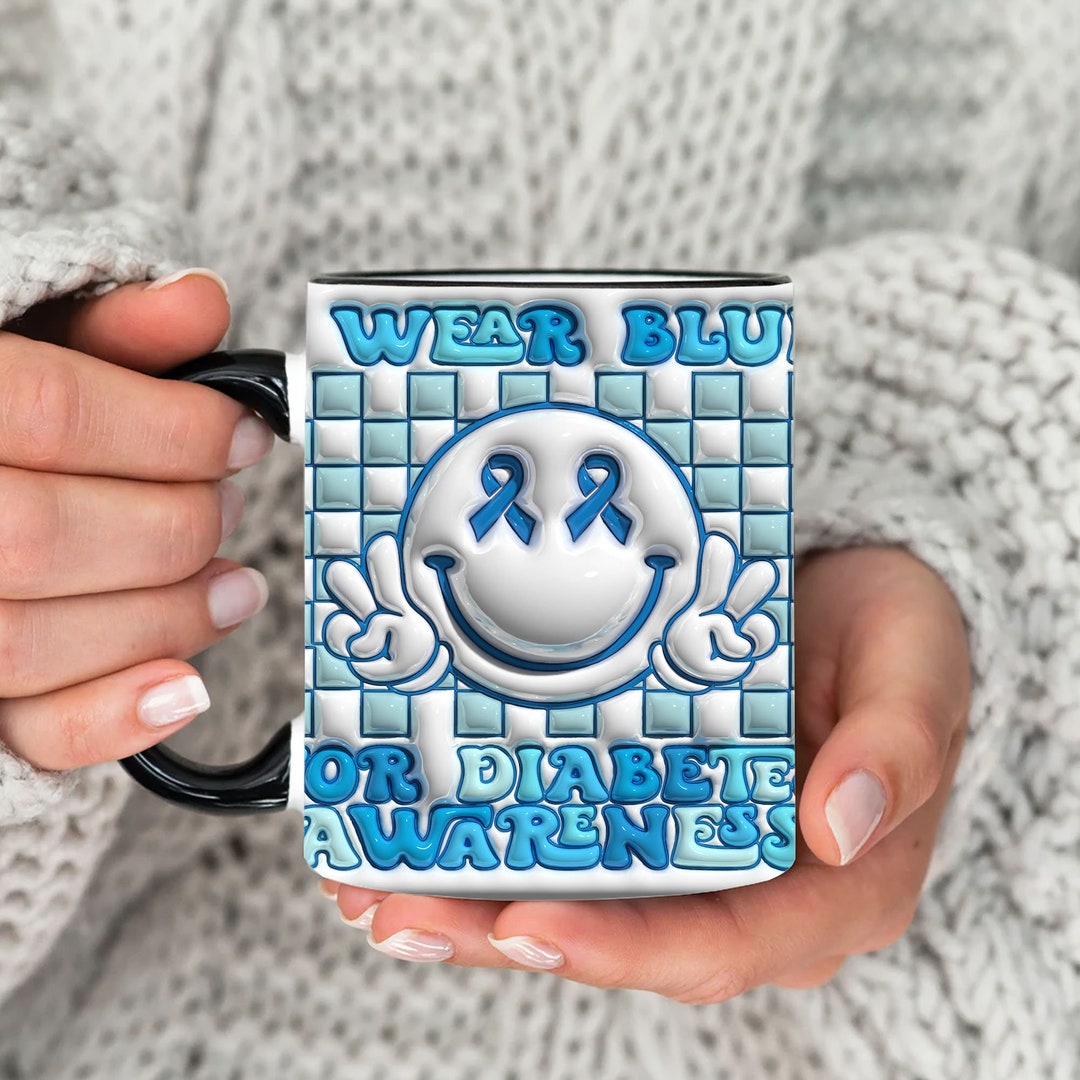 3D I Wear Blue for Diabetes Awareness Inflated Mug Wrap, Smile Face