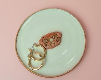 Pug Trinket Dish, Handmade Dog Jewellery Tray, Cute Pug Lover Gift, Pink Ceramic Ring Holder, Dog Lover Décor