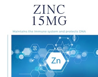 May include: A white and blue supplement label with the text "INGESTUM BETTER HEALTH" and "ZINC 15MG". The label states it maintains the immune system and protects DNA. It also includes the text "FOOD SUPPLEMENT" and "120 CAPSULES".