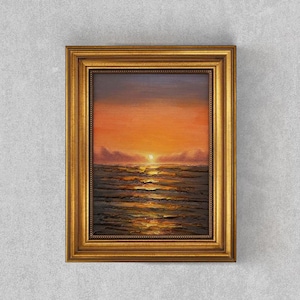 Sunset Landscape Painting-Sea Sunset Oil Painting in Golden Frame, Vintage Art, Signed Size 10x8 Oil Painting, Wall Art Painting