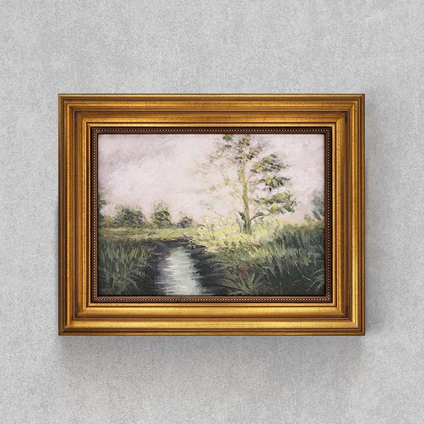 Pintura al óleo original sobre lienzo: Paisaje vibrante de campo con un río, paisajes primaverales en el campo, pintura en marco dorado de 10 x 8