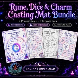 Könnte beinhalten: Ein digitales Set aus vier druckbaren Legematten für Runen, Würfel und Charms. Die Matten zeigen kreisförmige Diagramme mit Textbeschriftungen wie Message & Guidance, General Guidance, Timing & Movement und Life Areas in drei verschiedenen Stilen.
