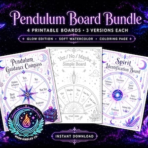May include: A digital Pendulum Board Bundle featuring three printable boards: Pendulum Guidance Compass, Yes/No/Maybe Simple Board, and Spirit Identification Board. The designs include celestial motifs, stars, and moons in purple and white.