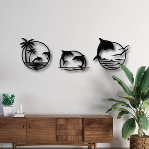 Set van 3 metalen muurkunst dolfijnen, dolfijnsculptuur, muurdecoratie oceaan, metalen bord dolfijn, muurdecoratie kantoor,