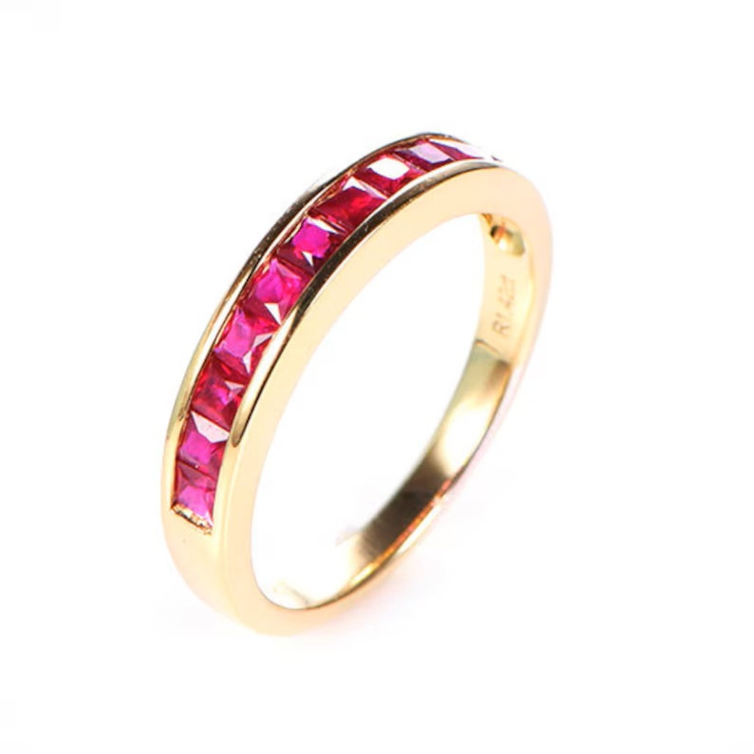Ruby Wedding Band Ring 14K Yellow Gold Overly Princess Cut Ruby ...